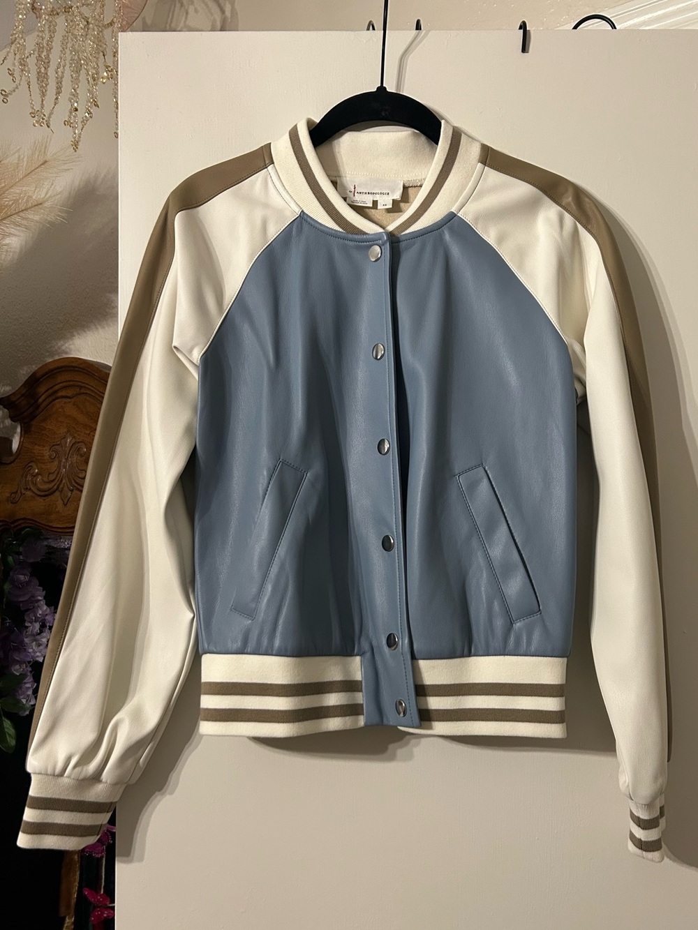 Anthropologie Blue and Cream Varsity Jacket with Tan Accents